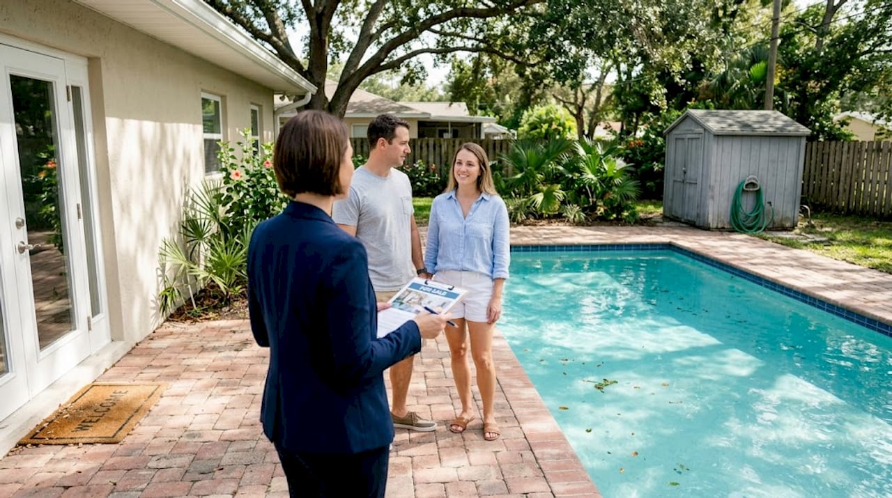Realtor discussing value of modern pool