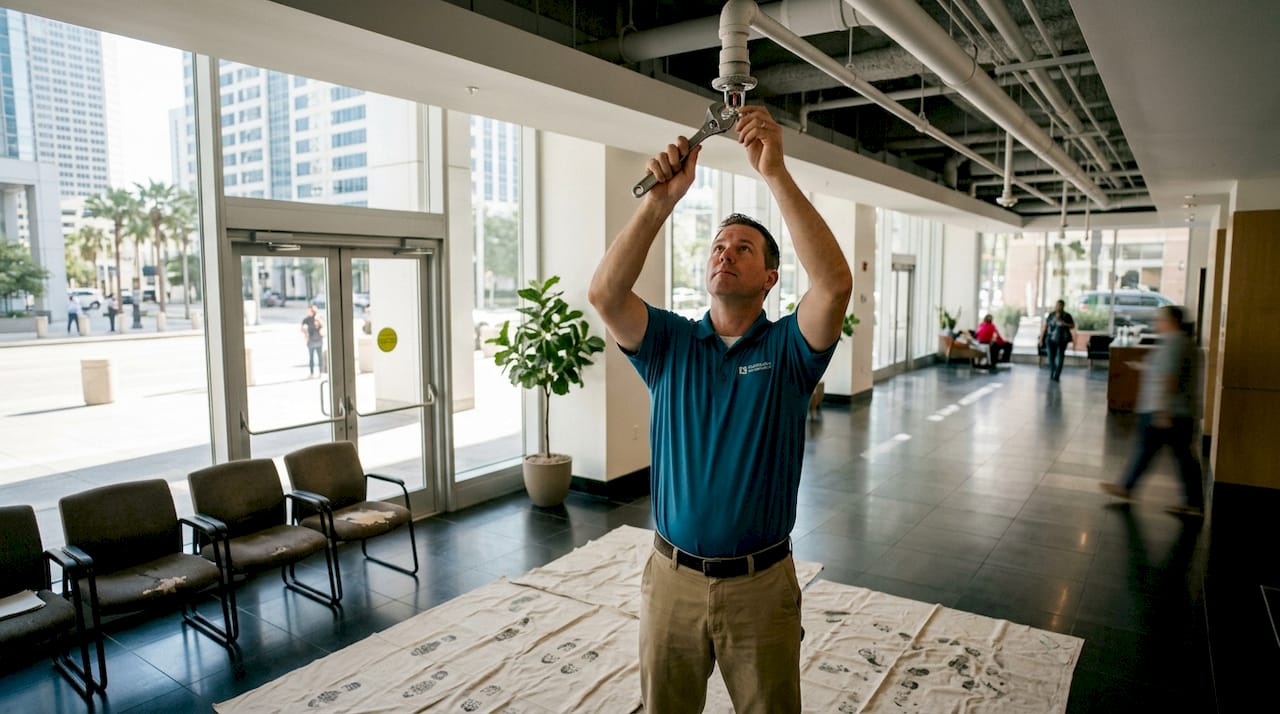 Worker adjusts sprinkler head in lobby