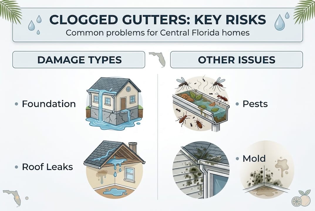 Infographic showing main clogged gutter risks