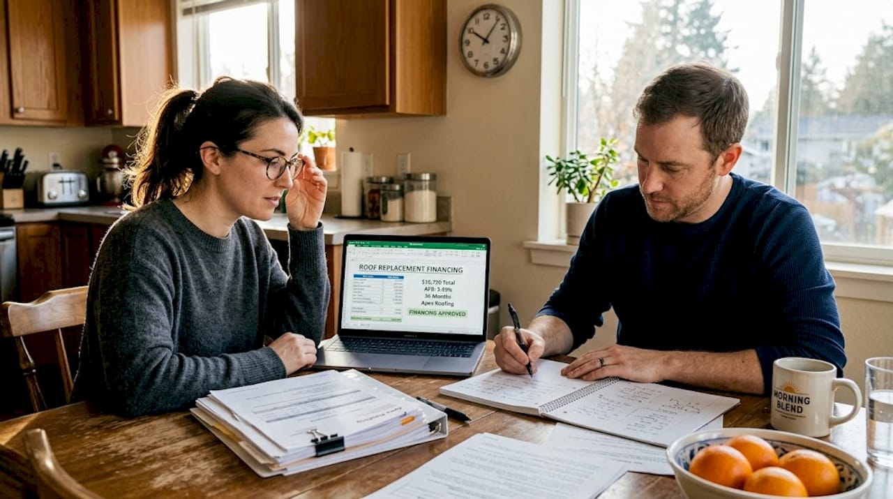Homeowners reviewing roof financing documents