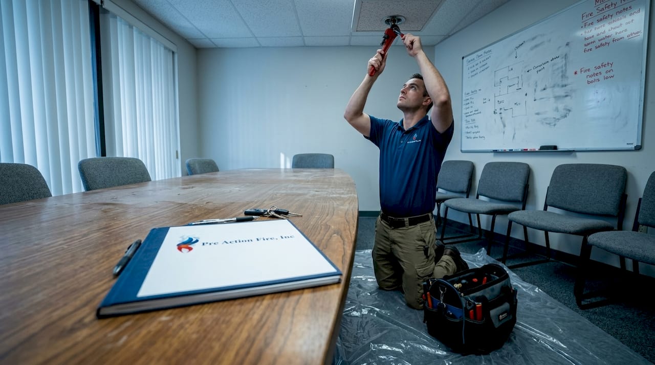 Technician servicing office sprinkler head