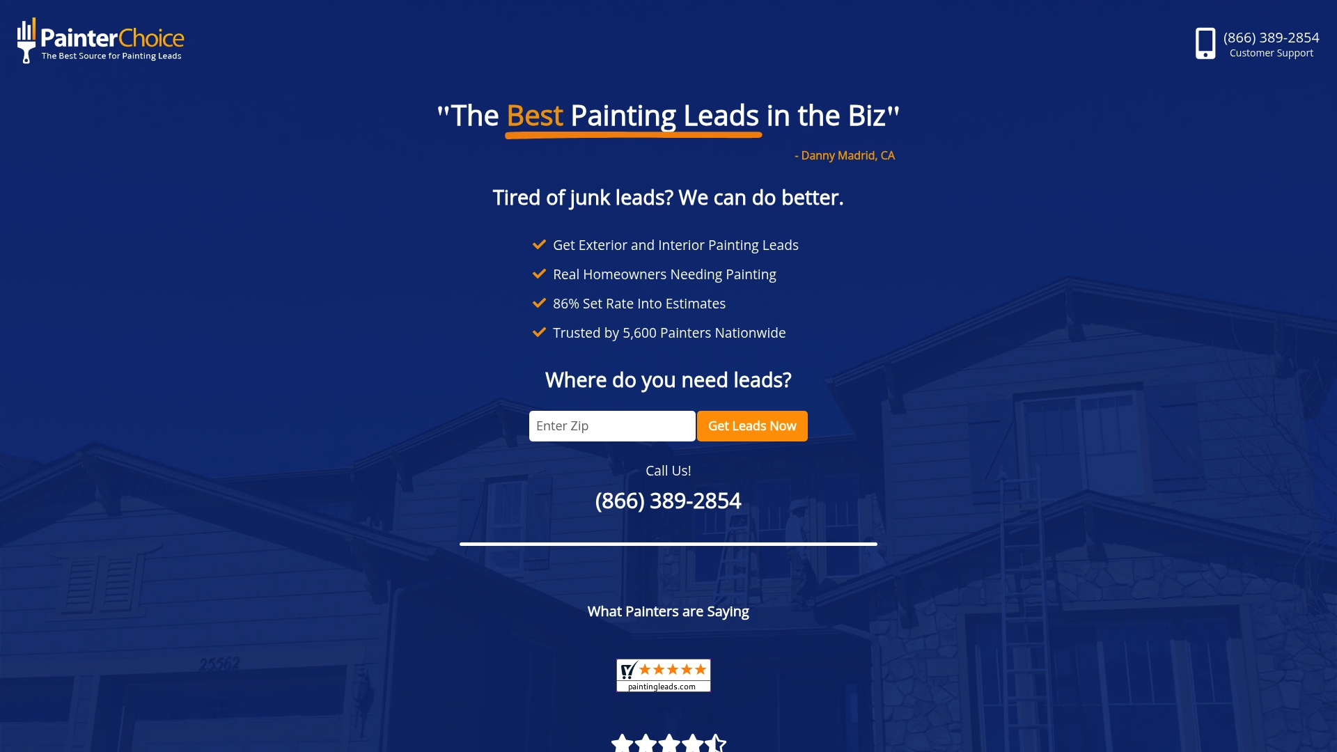 PainterChoice website showcasing lead generation services for painting contractors, emphasizing exterior and interior painting leads, real homeowner contacts, and high estimate conversion rates.