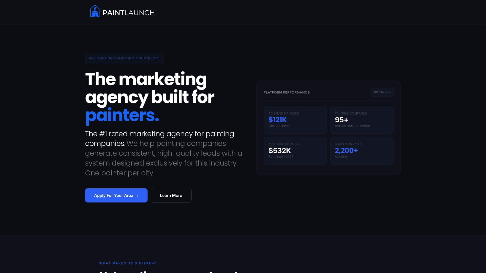 PaintLaunch marketing agency homepage showcasing lead generation statistics for painting companies, featuring key metrics like ad spend, average revenue added, and leads generated, emphasizing tailored services for painters.