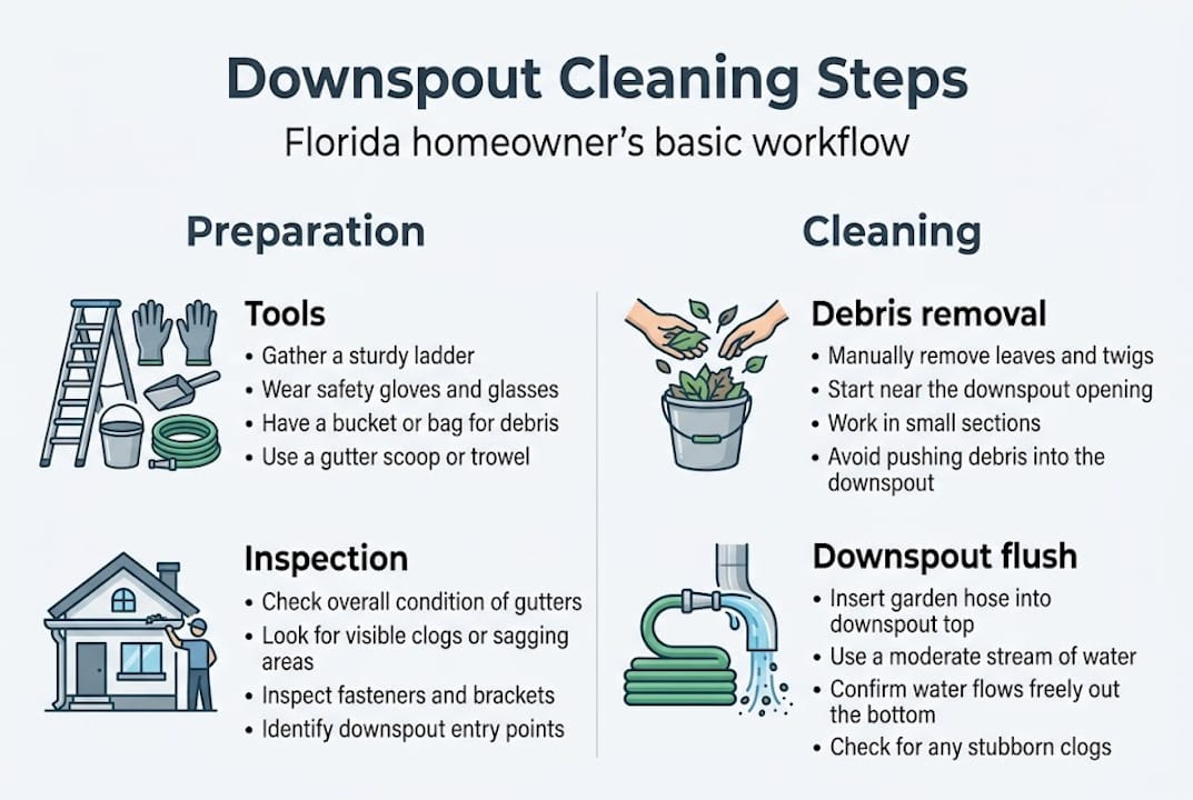 Infographic showing downspout cleaning workflow steps