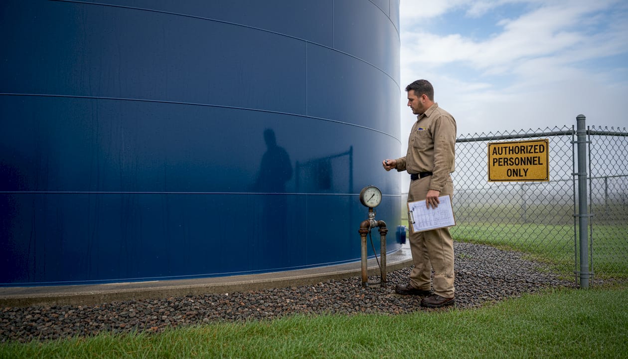 Worker inspecting painted municipal water tank