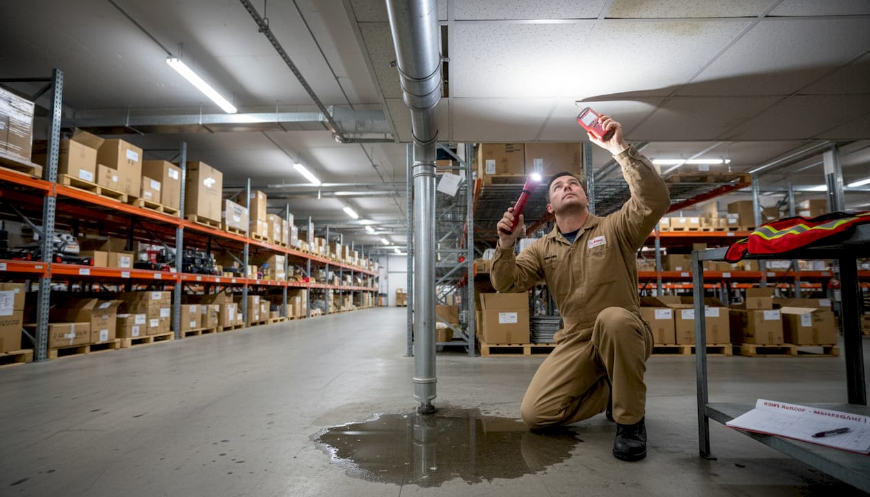 Technician checking for roof leaks in warehouse
