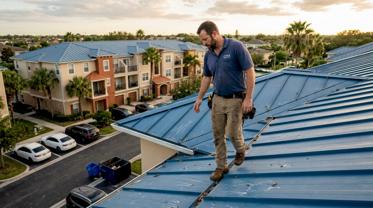 Manager checks seams on metal roof