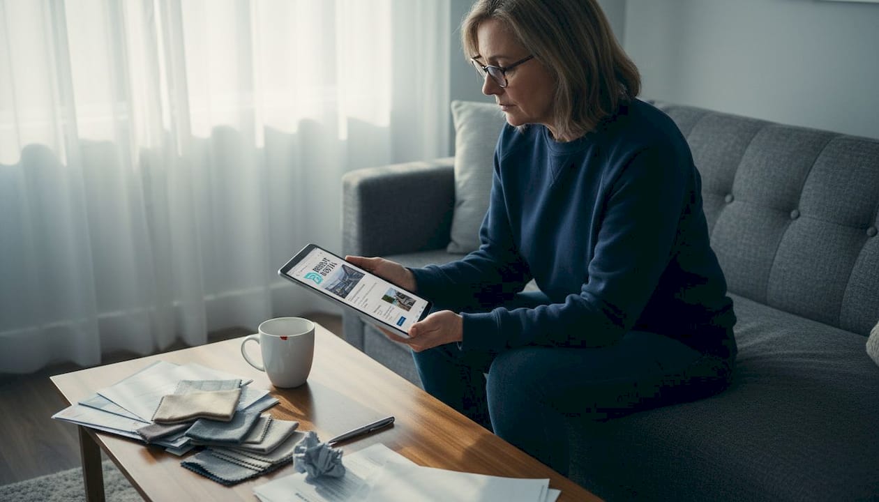 Homeowner researching roofers on tablet in living room