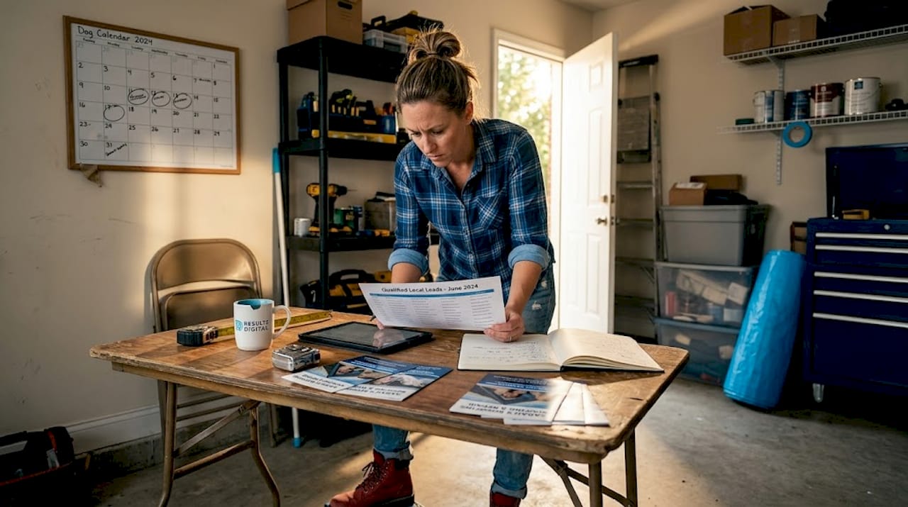 Roofing company owner reviewing local leads