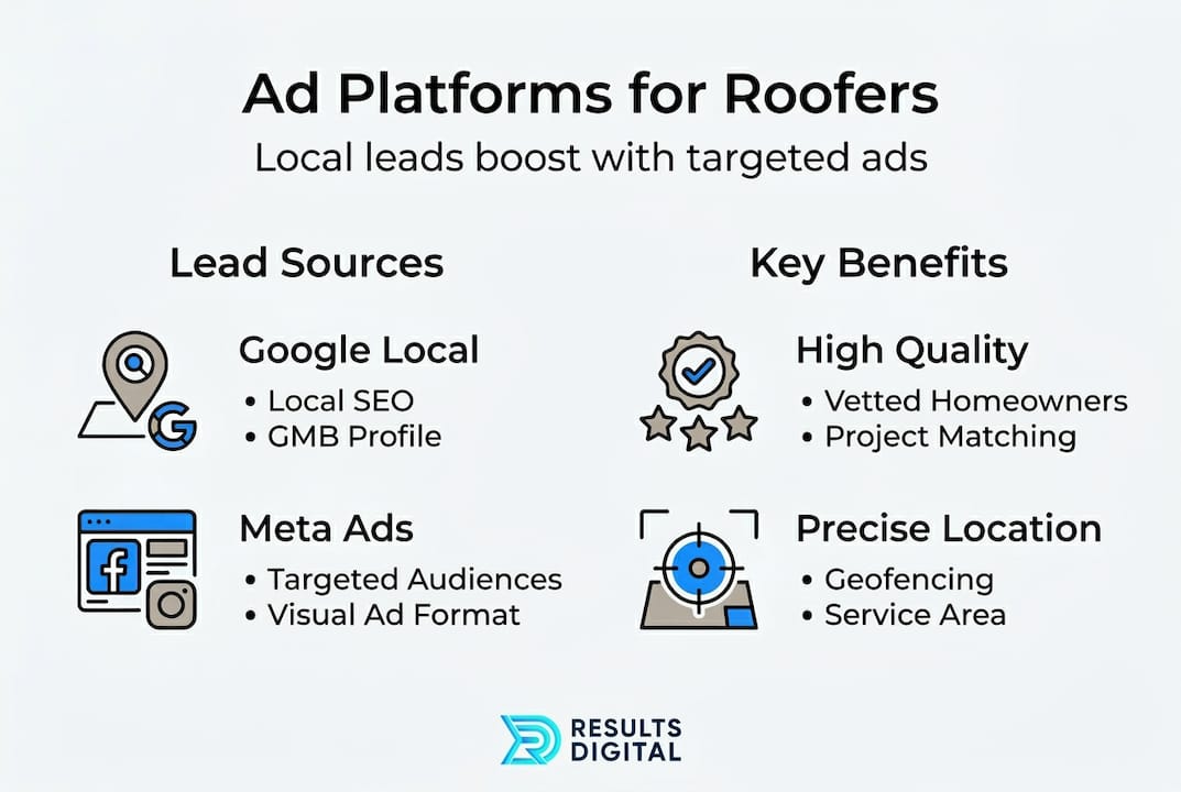 Infographic showing roofing ad platforms and benefits