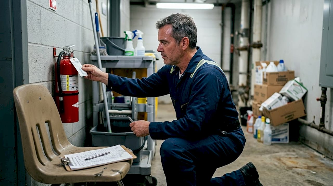 Worker updating fire extinguisher inspection tag