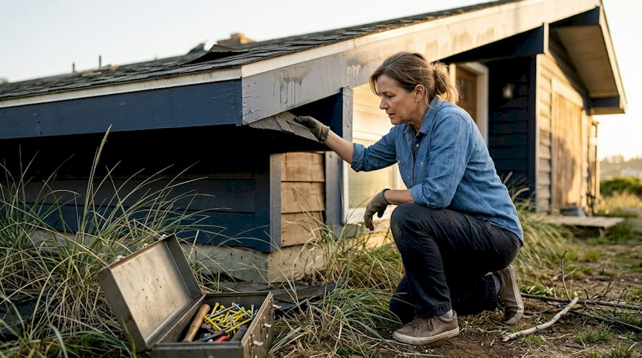 Homeowner checking roof edge after storm