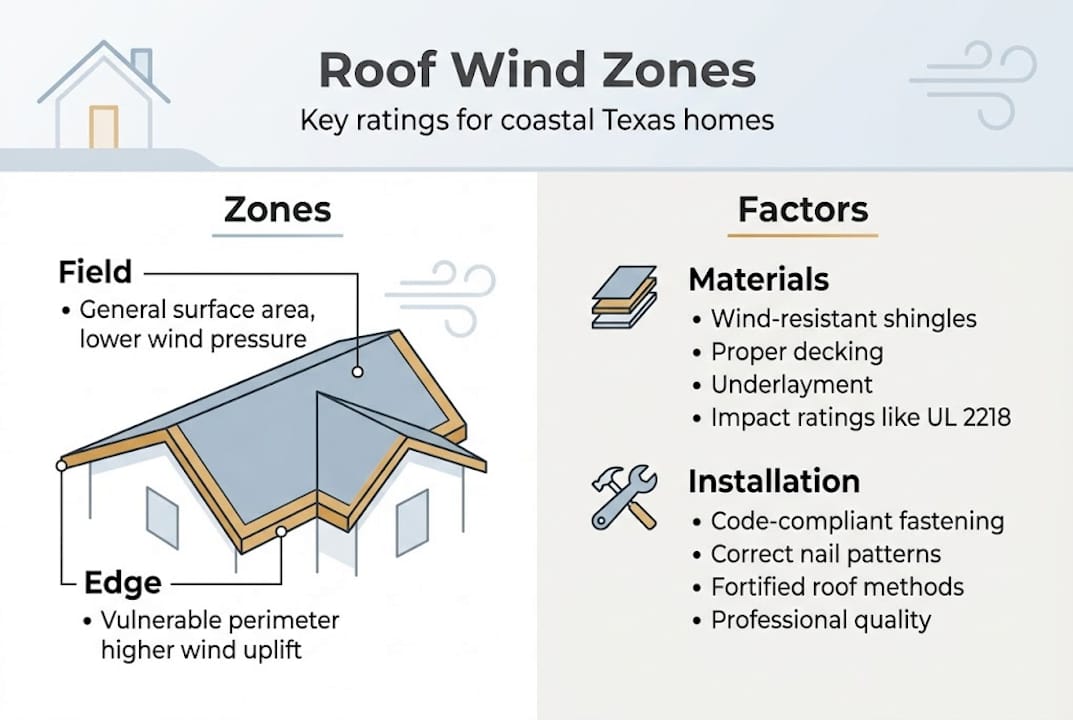 Infographic showing roof wind zones and factors