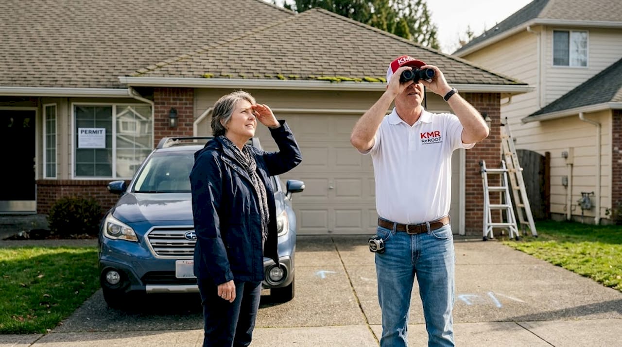 Homeowner and contractor inspecting Texas roof
