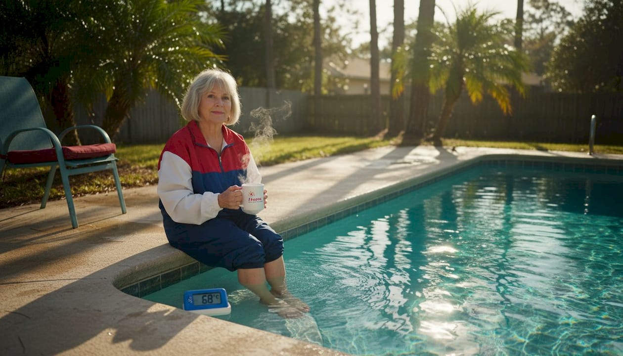 Woman enjoying warm pool on chilly morning
