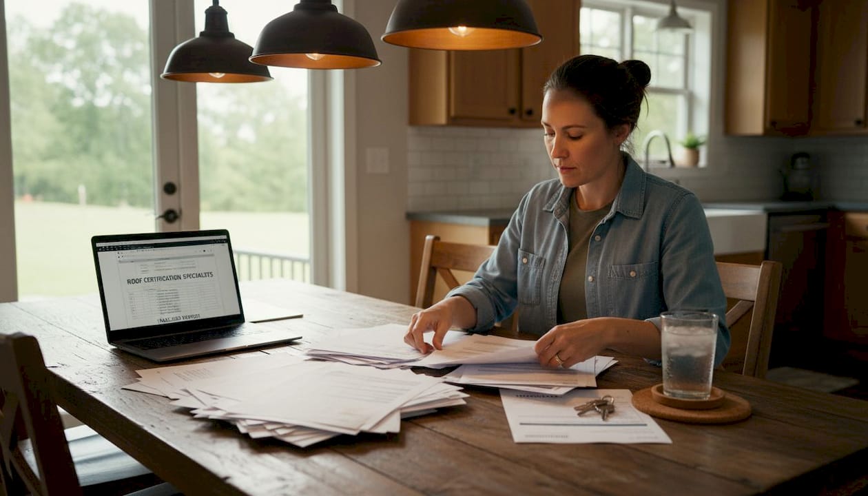 Roofer preparing certification forms at kitchen table