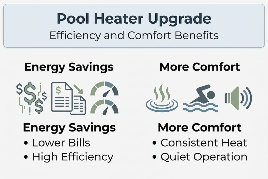Infographic comparing pool heater energy and comfort benefits