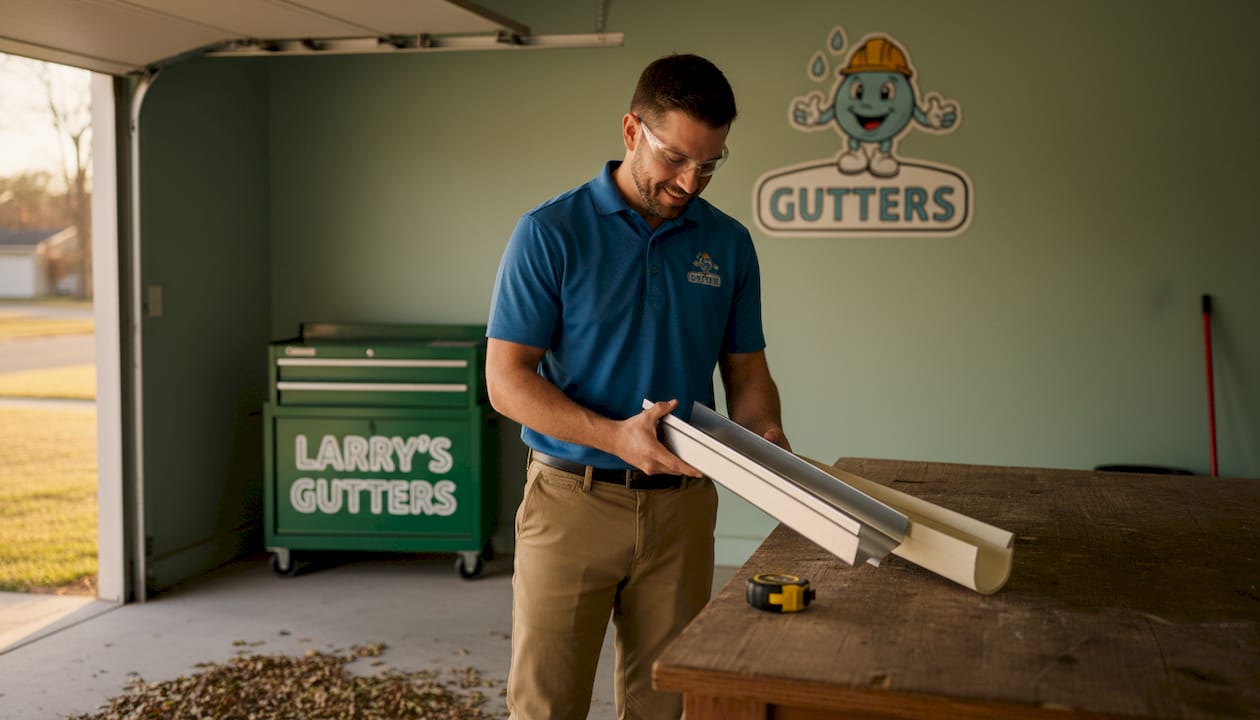 Contractor comparing aluminum and vinyl gutters
