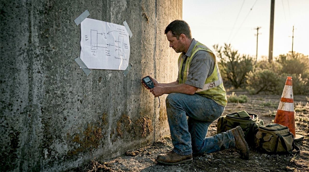 Technician checking coating thickness on water tank