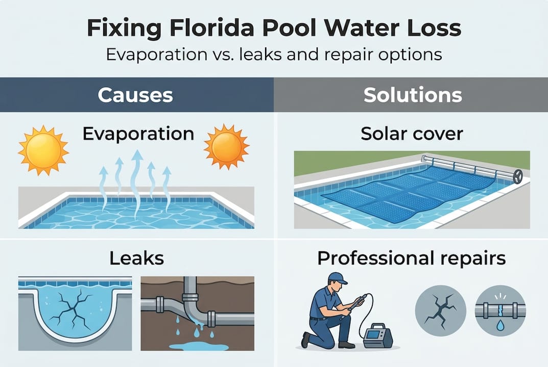 Infographic compares pool water loss causes and solutions