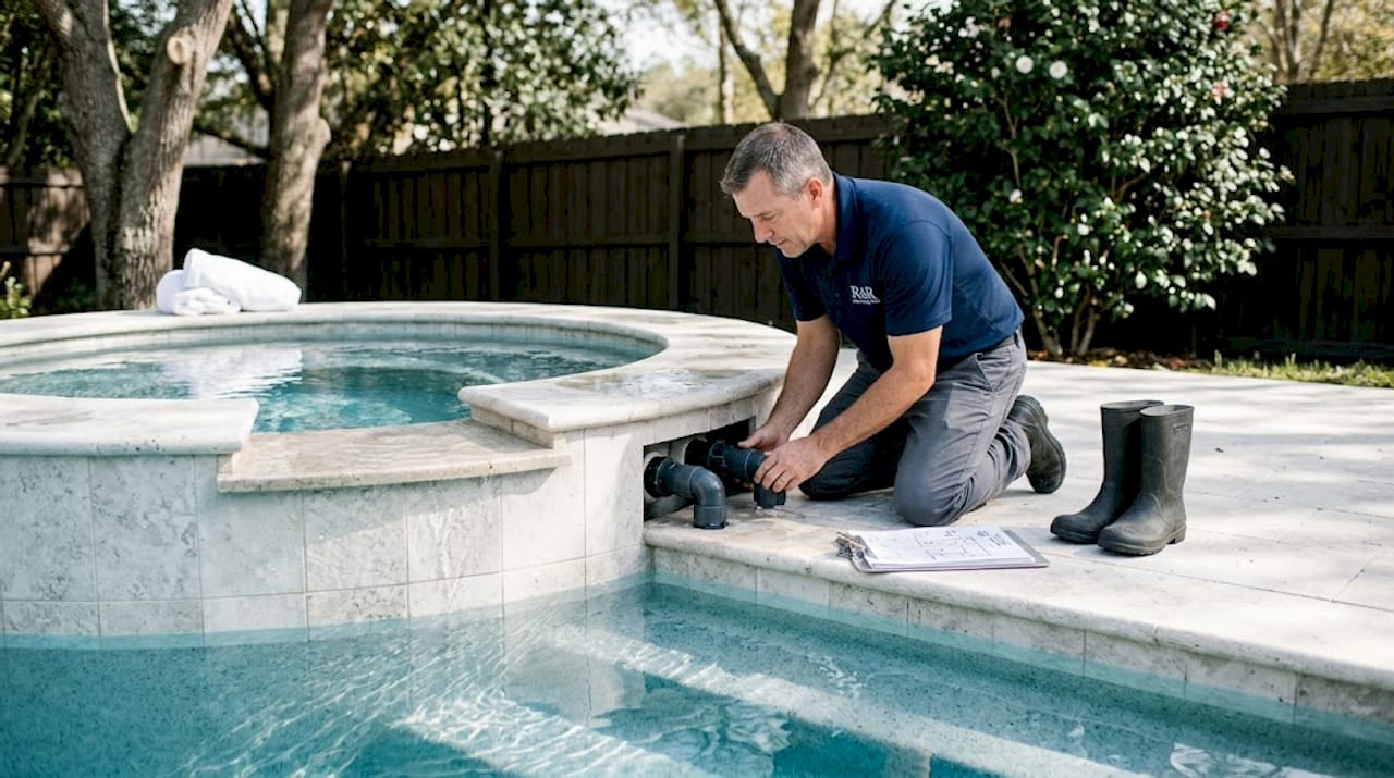 Contractor inspects tiered pool spillover connection