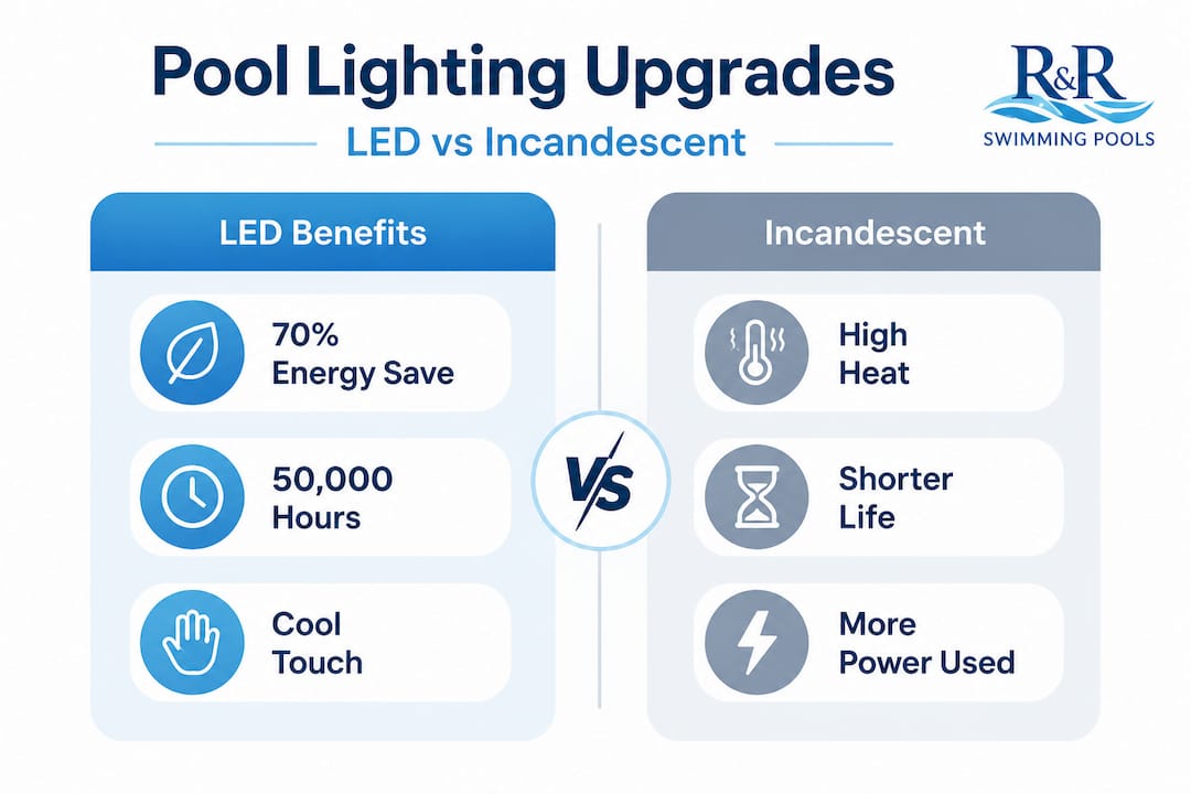 Infographic comparing LED and incandescent pool lights
