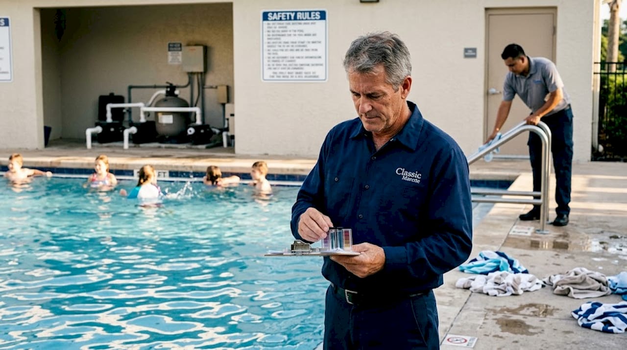 Health inspector testing water at commercial pool
