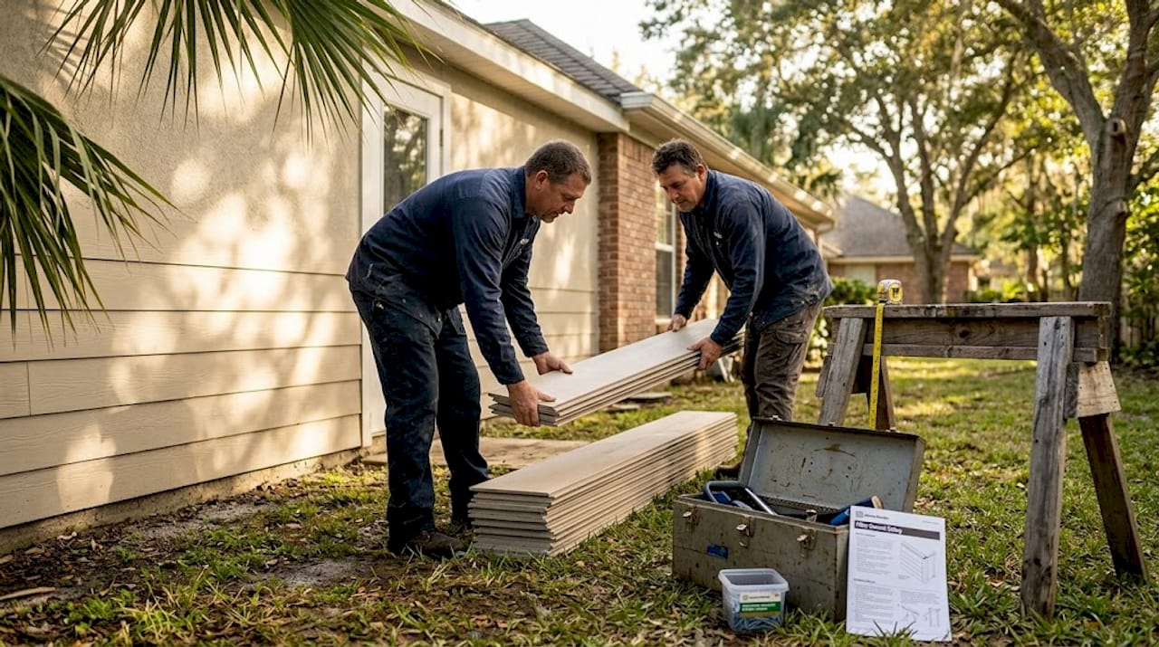 Contractors prepping fiber cement siding outdoors