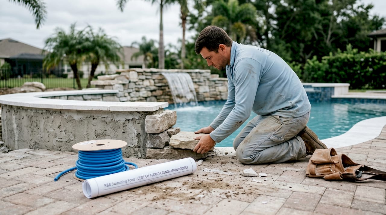 Pool contractor installing residential waterfall