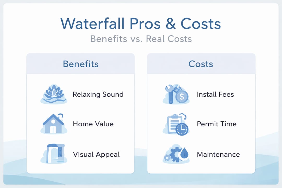 Infographic comparing pool waterfall benefits and costs