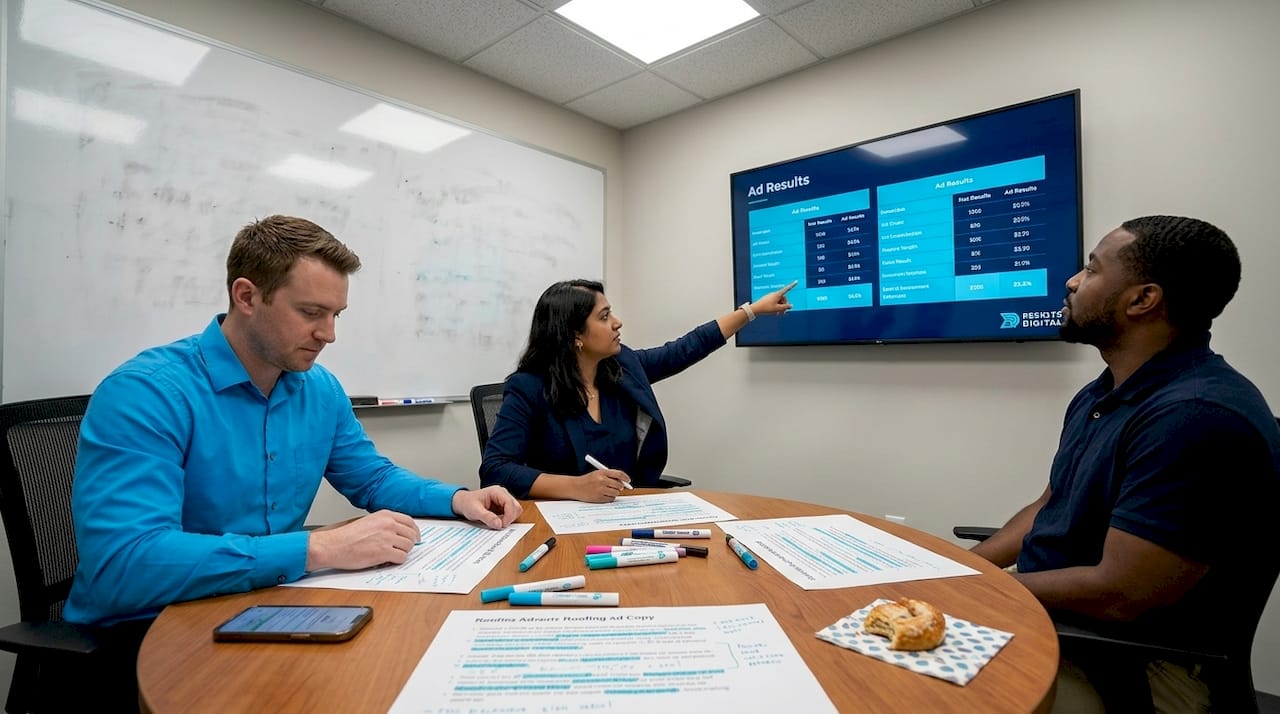 Roofing team analyzing ad performance data in a meeting, with charts displaying ad results on a screen and marketing materials on the table.