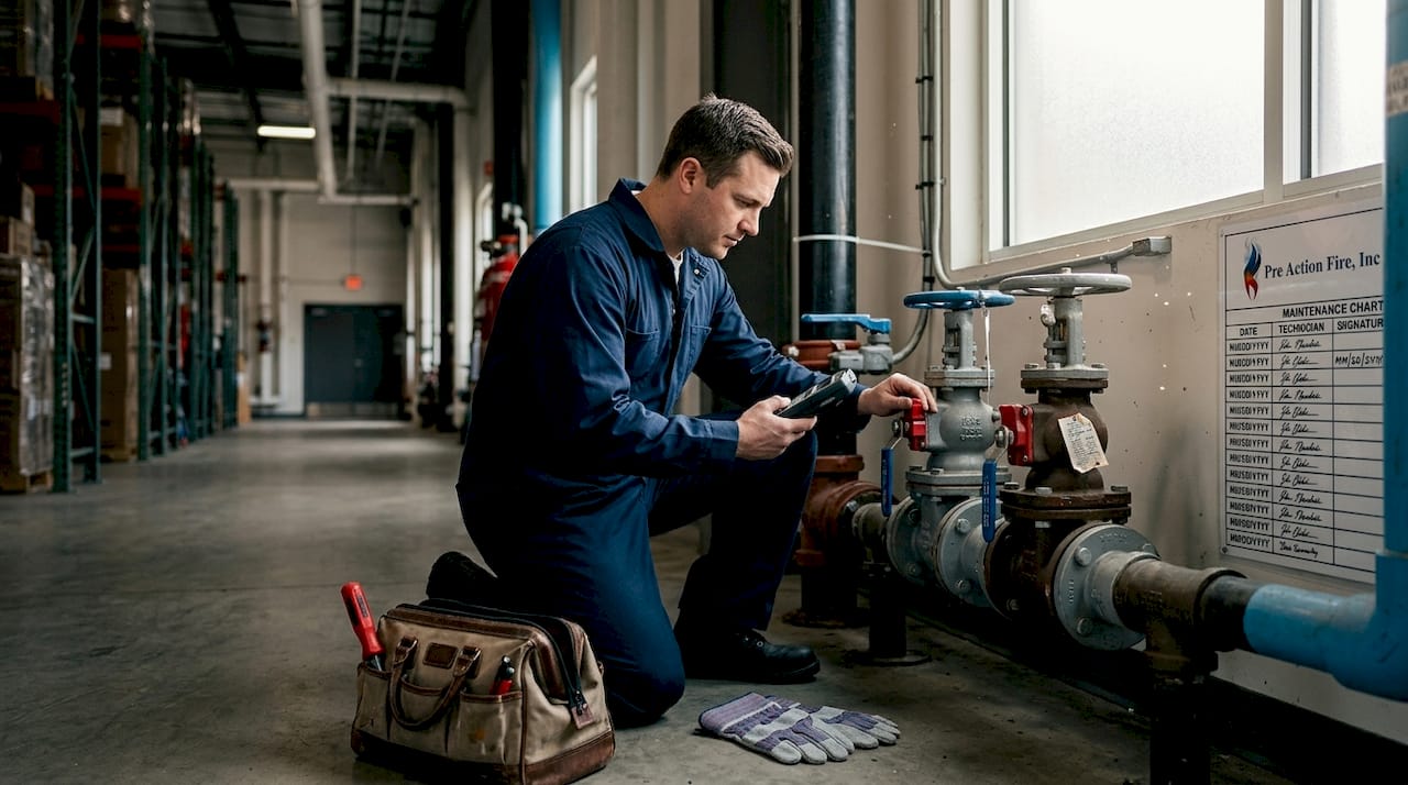 Technician checking sprinkler valve supervision