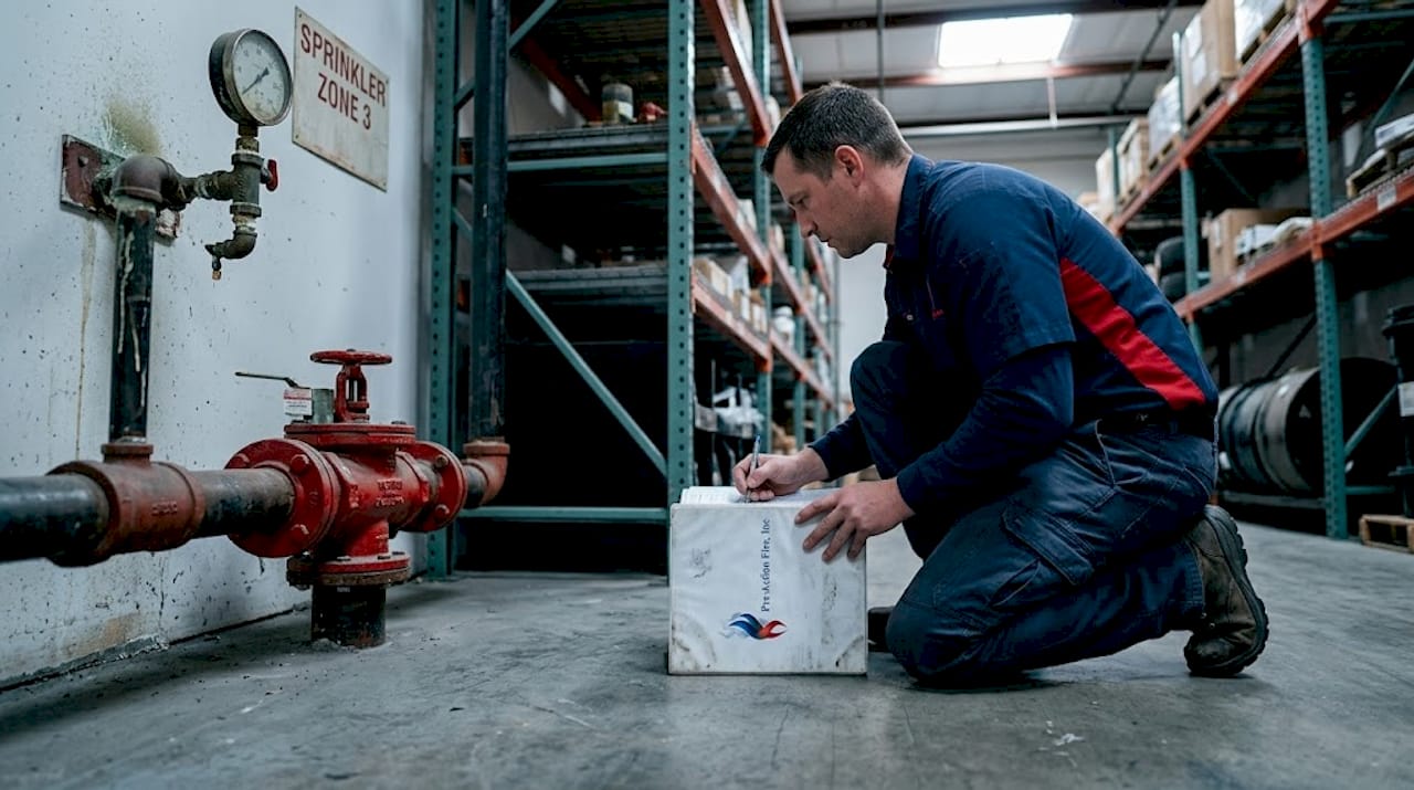 Technician logging fire sprinkler inspection details