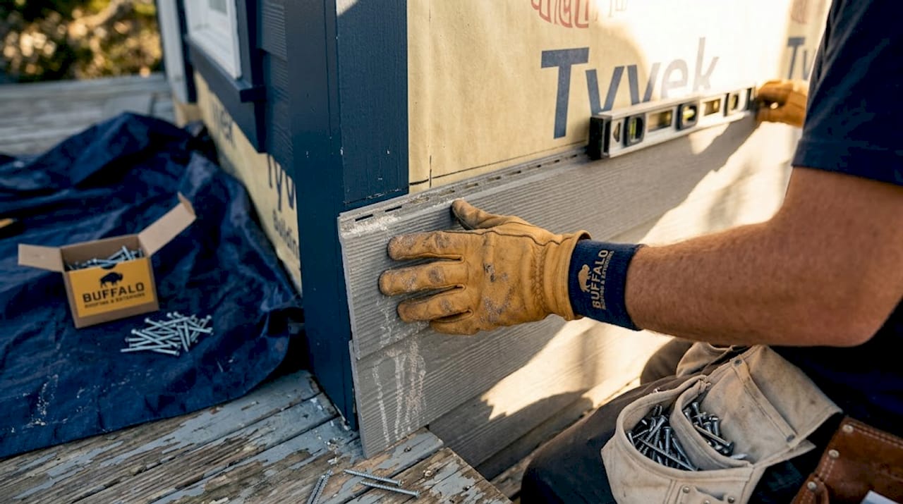 Hands installing fiber cement siding on house