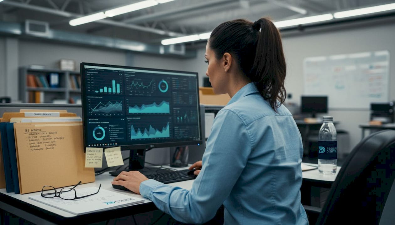Business owner checking ad analytics graphs