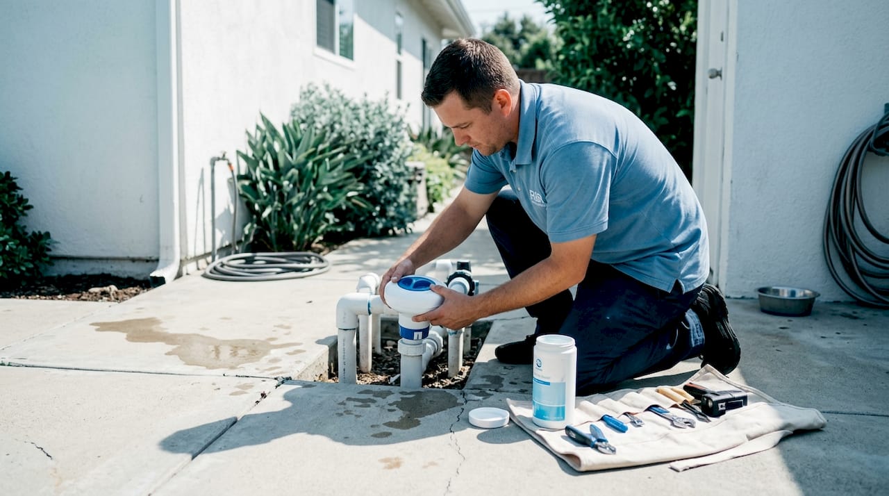 Technician installs pool tablet chlorinator outdoors