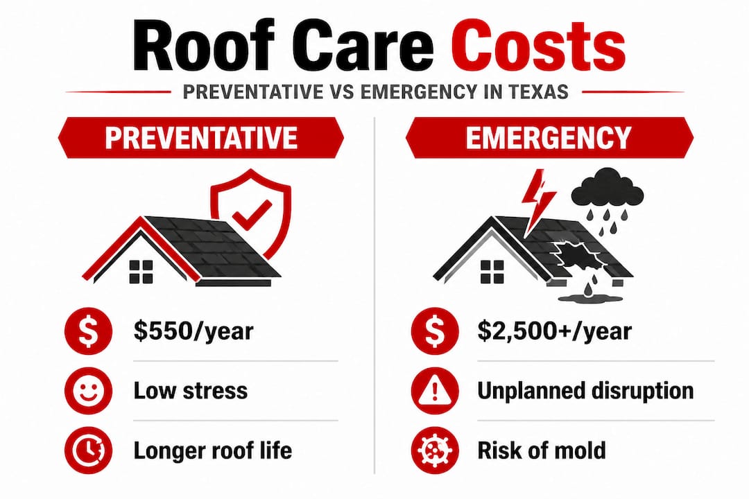 Infographic comparing preventative and emergency roof care costs