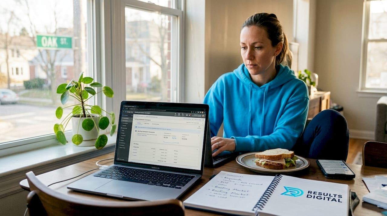 Person in a blue hoodie analyzing roofing market data on laptop, with notes and sandwich on table, highlighting data-driven marketing strategies for contractors by Results Digital.
