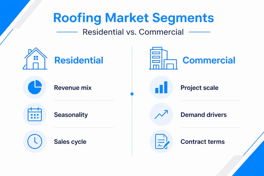 Infographic comparing residential and commercial roofing market segments, highlighting key factors like revenue mix, seasonality, sales cycle, project scale, demand drivers, and contract terms.