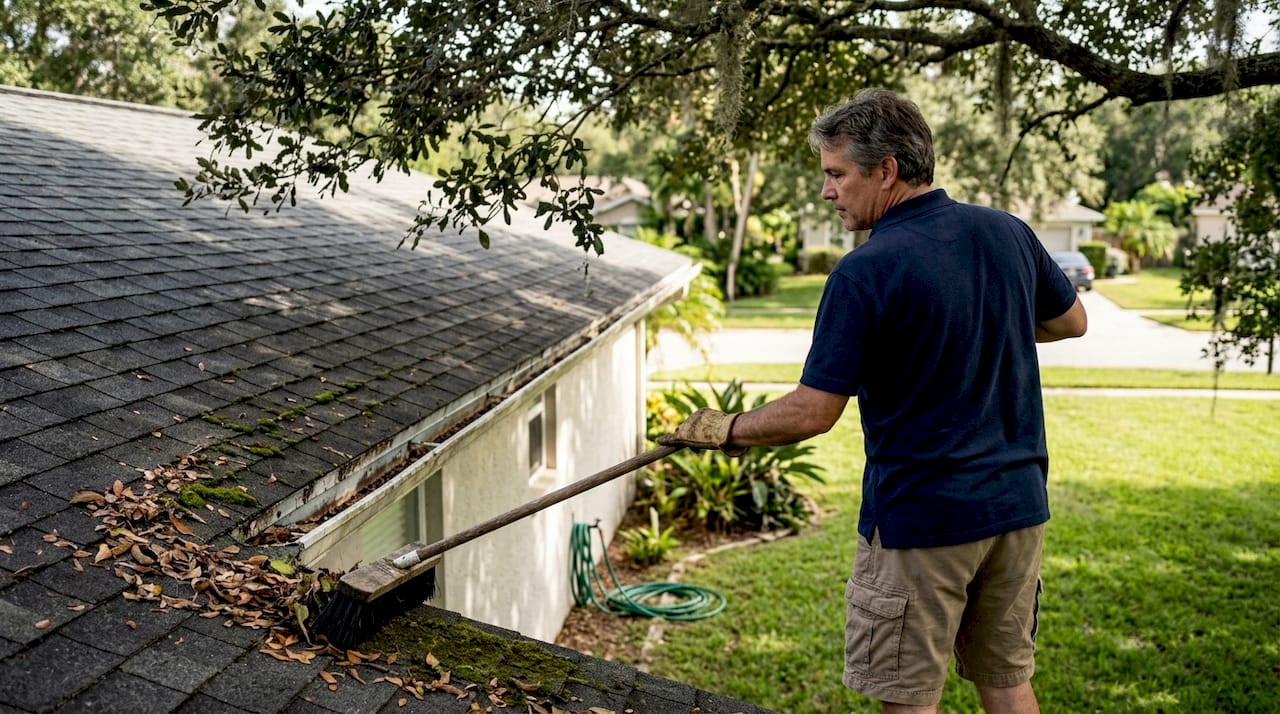 Homeowner sweeping debris from Florida roof