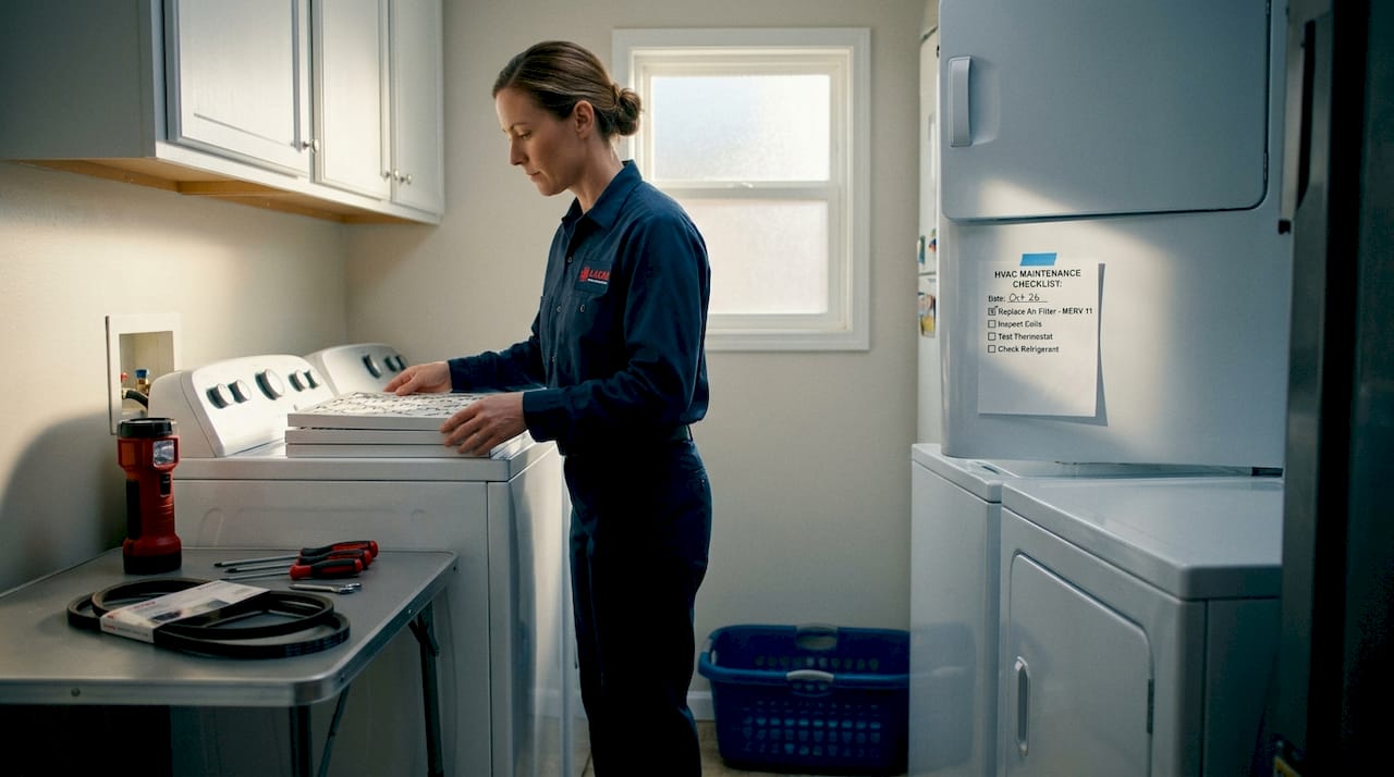Woman prepping HVAC supplies utility room