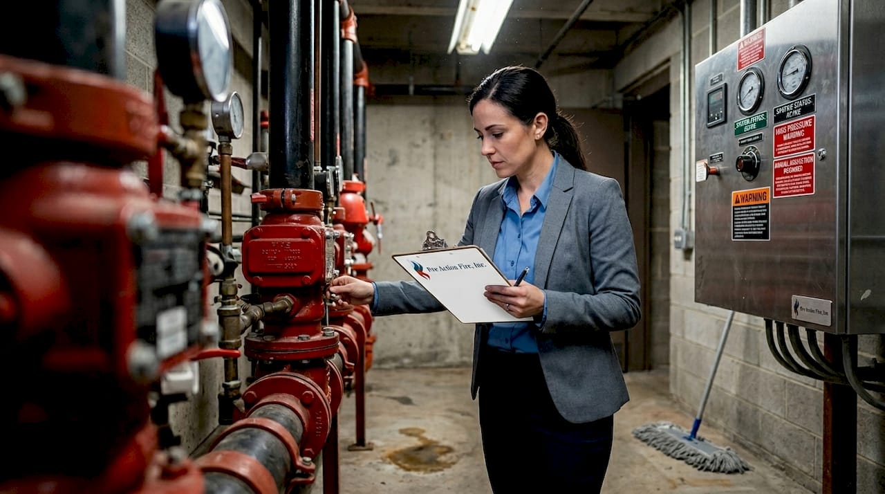 Manager checks fire sprinkler system valve for maintenance