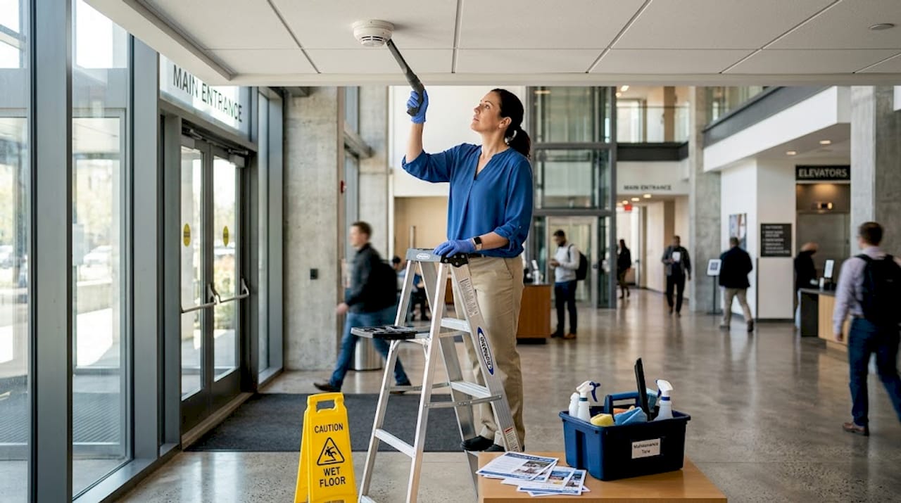 Supervisor cleaning smoke detector in office lobby