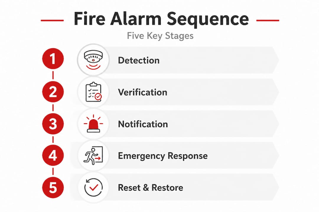 Infographic showing fire alarm sequence steps