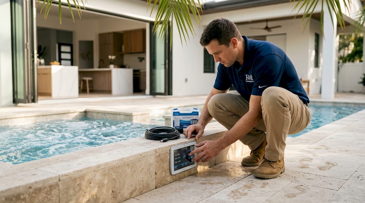 Technician testing integrated pool spa system