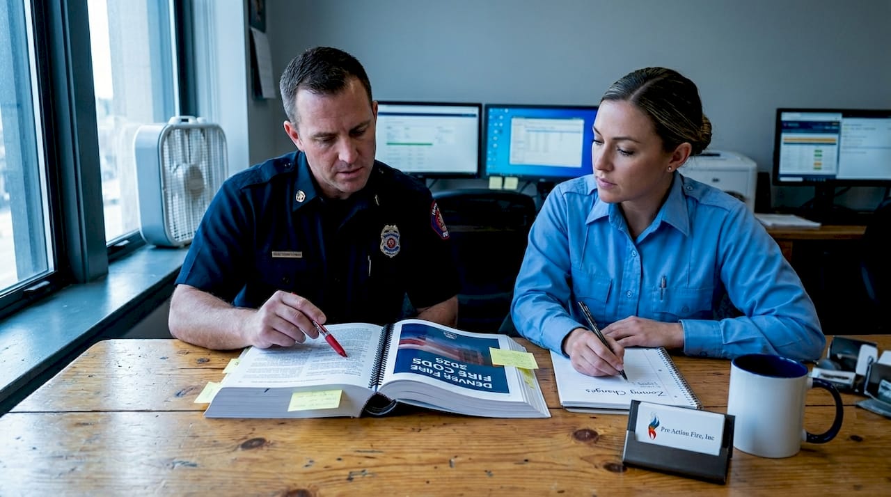 Code officers reviewing Denver Fire Code zoning