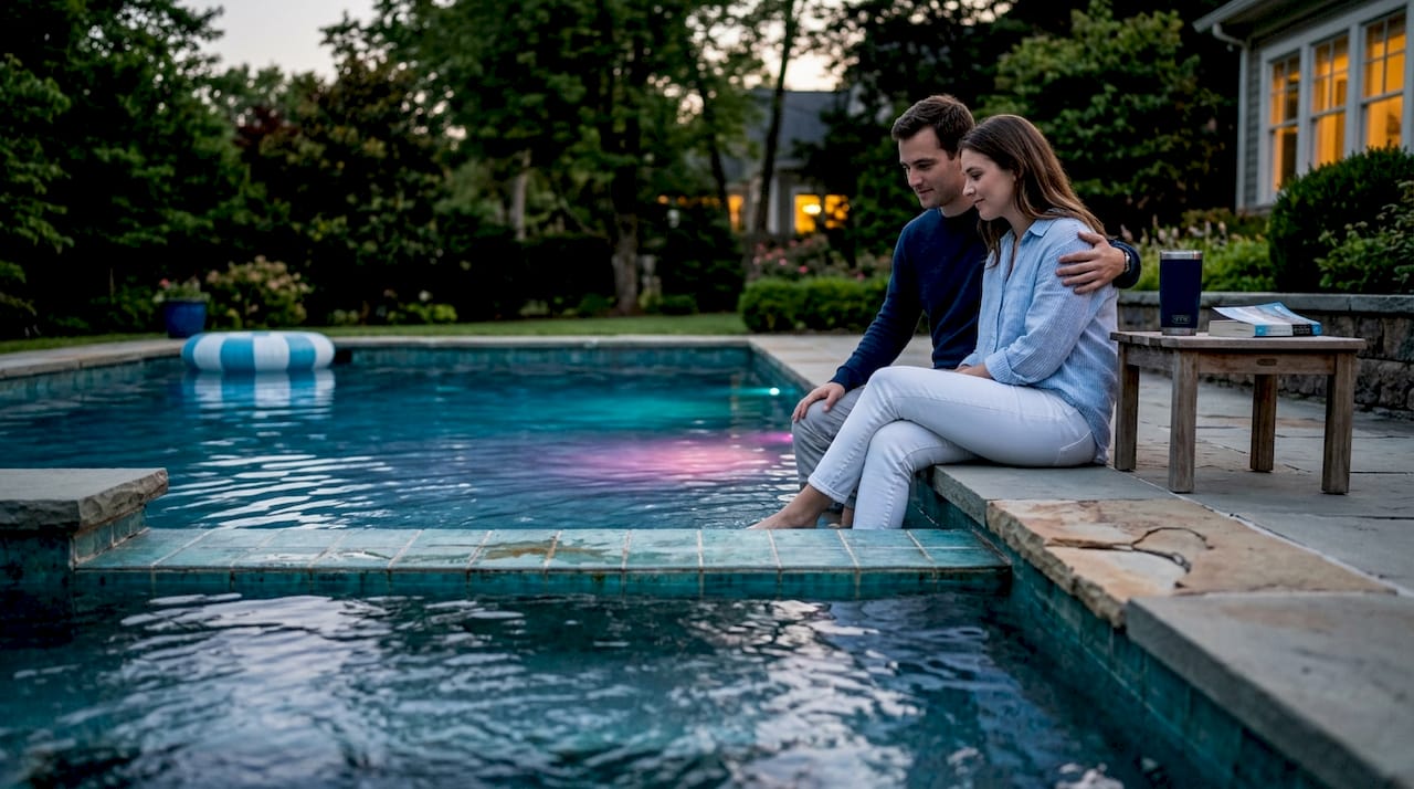 Backyard pool with LED lighting at dusk