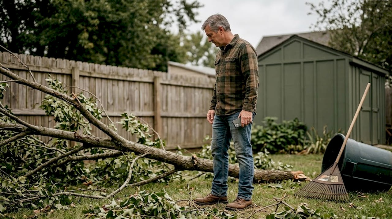 Homeowner inspects storm-damaged fallen tree limb