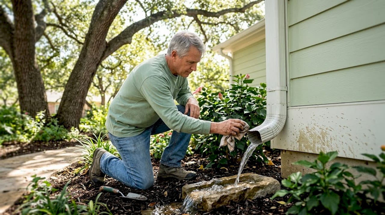 Man inspects wide gutters beside flowerbed