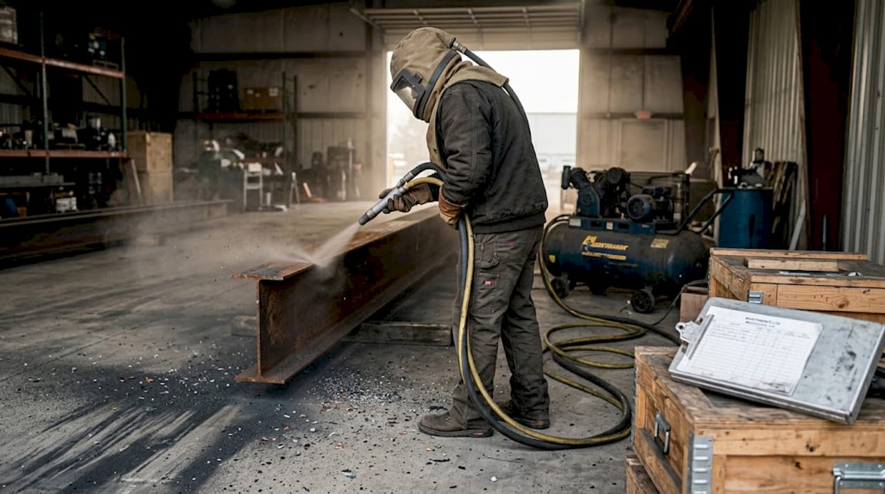 Technician sandblasting steel beam in warehouse